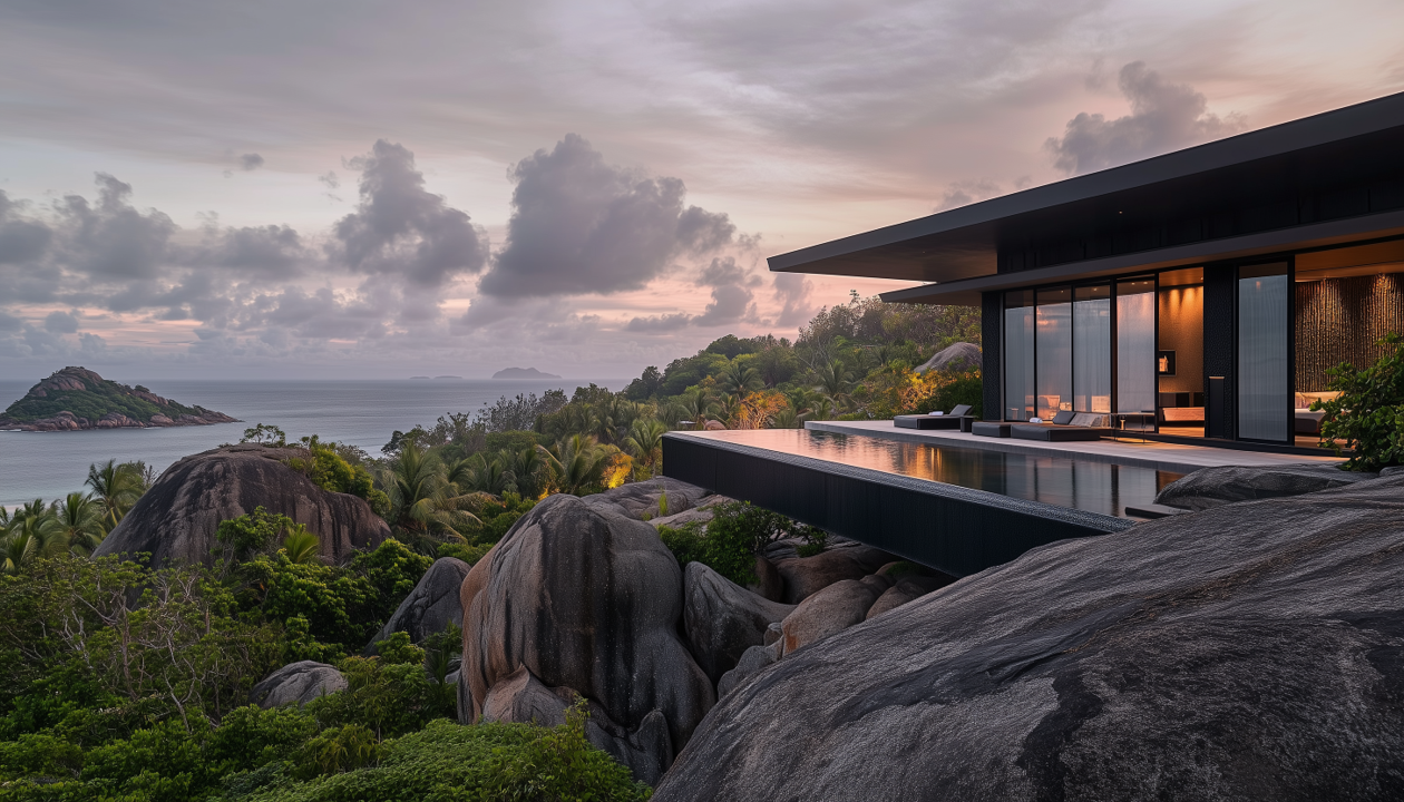 A beautiful house in the Maldives overlooking a bay.